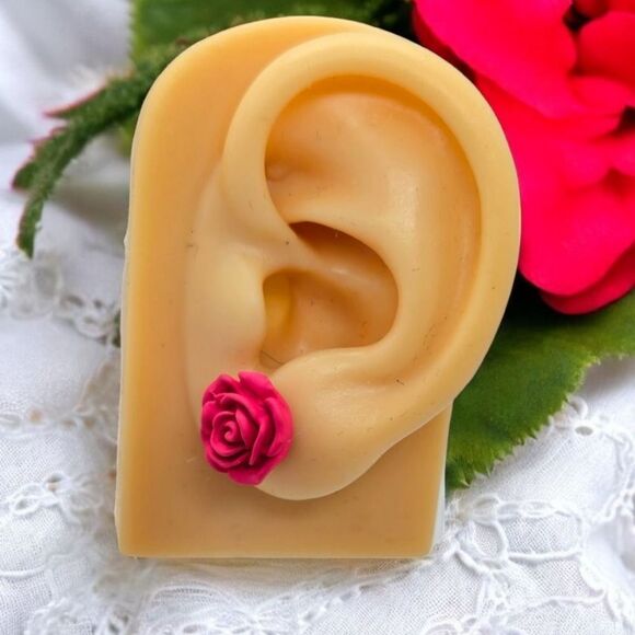Small Rose Earrings Hot Pink Pierced Ear Stud Post Women's Jewelry Gift Romantic - Picture 6 of 8